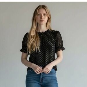J. Crew Black Gold Dot Sheer Puff Sleeve Smocked Neck Blouse Top‎ Size M